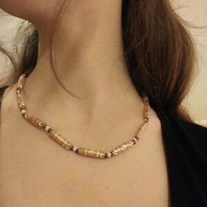 Vintage Necklace Beaded Etched Casual Festival Surfer Beach Coastal Tan Silver